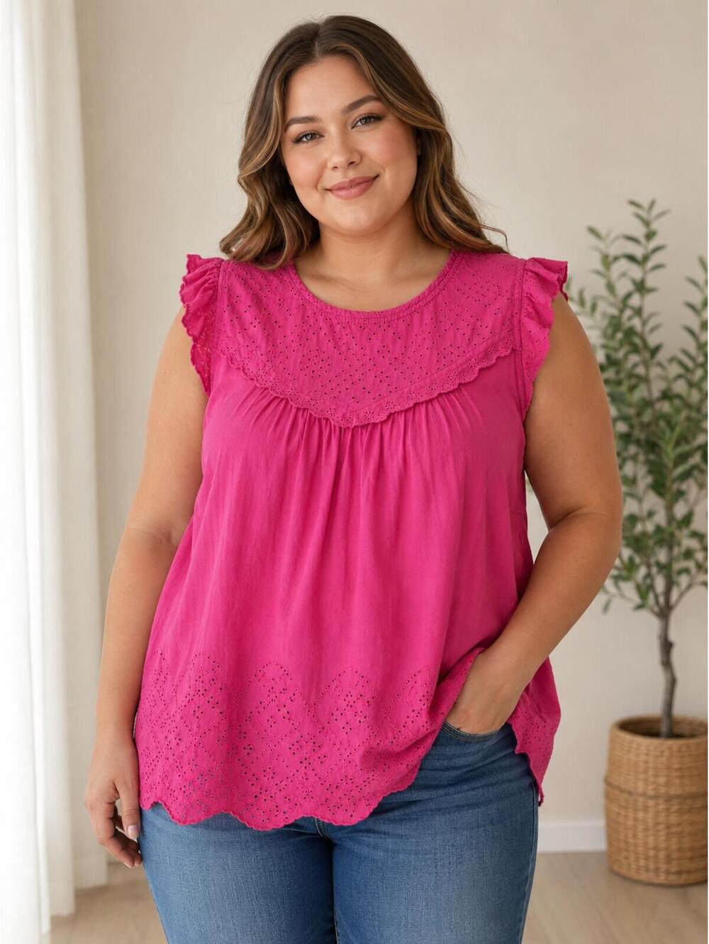 829 Torrid 2XL Hot Pink Eyelet Yoke 26" PTP Rayon Sleeveless Blouse A0000829